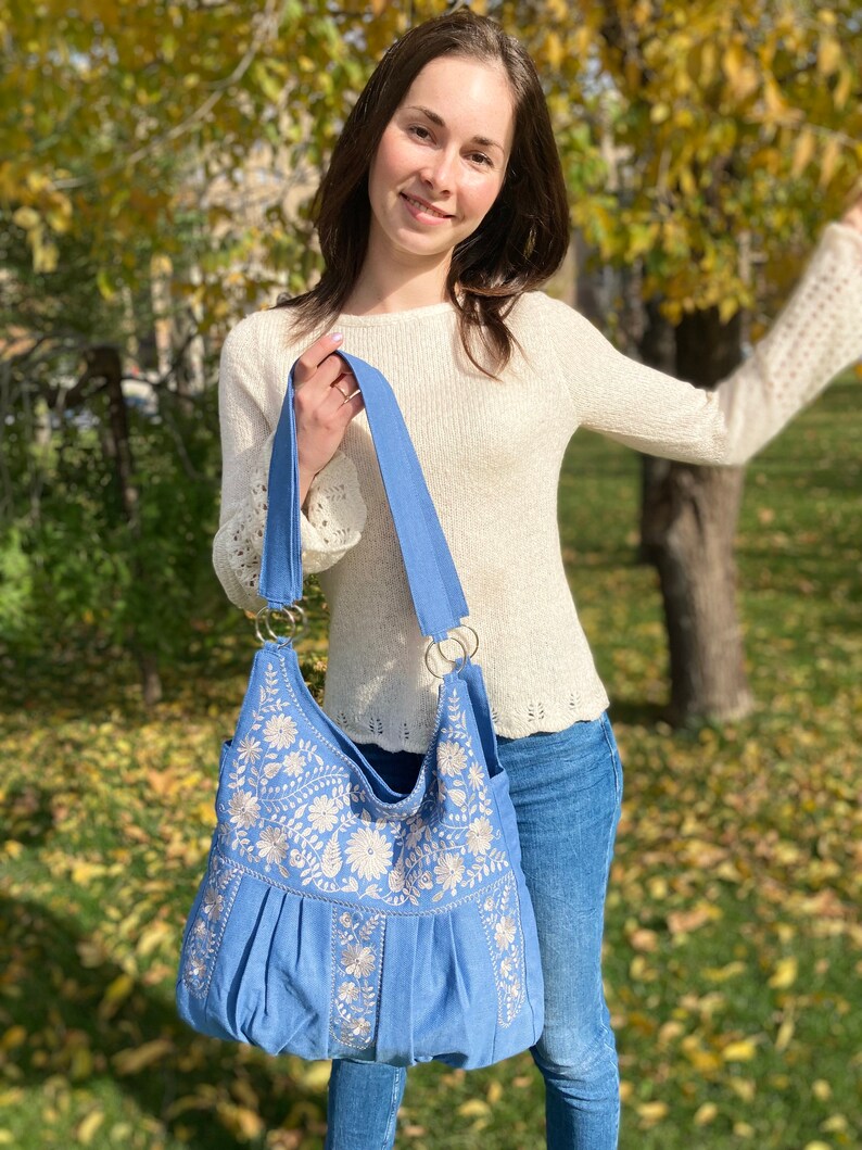 Large linen tote bag, Linen shoulder bag, Embroidered bag, Floral embroidery, Everyday tote bag, Linen hobo bag, Blue bag, Boho linen purse image 3