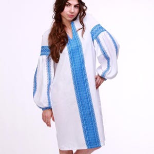 Polish folk dress, Vyshyvanka dress blue embroidery, Embroidered bohemian summer dress, Slavic traditional clothing, Plus size dress