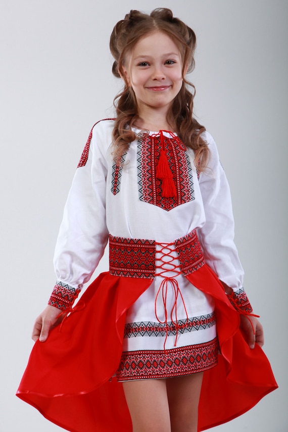 ukrainian traditional dress Folk costume, Kids vyshyvanka and skirt, Embroidered dress, Made in Ukraine, Folk costume dress for girls, Folk traditions featuring intricate Ukrainian embroidery in striking red hues Edelvika. Official Site – Ukrainian