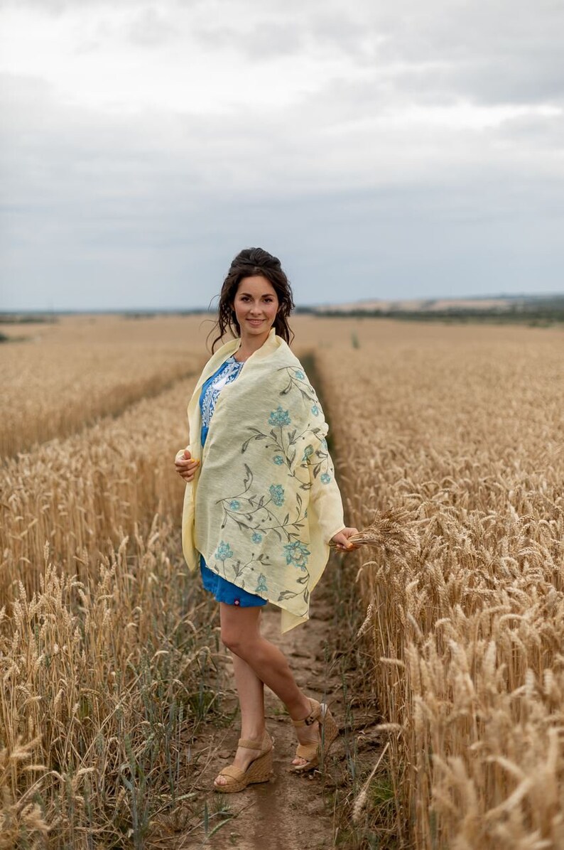 Blue embroidered linen shawl for women, Large scarf with flowers, Embroidered linen scarf, Oversized scarf, Summer scarf, Gift for mother Yellow