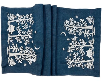 Embroidered linen table runner for Christmas, Winter table decor with holiday pattern, Winter tree and snowflakes embroidery, Christmas gift