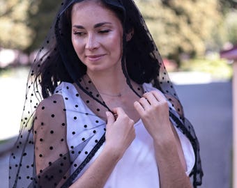 Black sheer polka dot chapel veil, Black head covering for church, Religious mass veil, Black prayer scarf for women