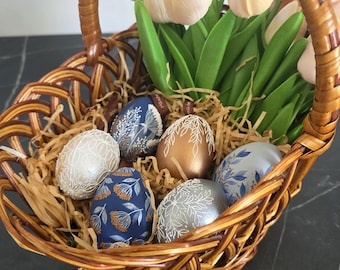 Set 6 blue pisanki Easter eggs, Wooden Easter eggs ornaments & decorations, Painted ukrainian pysanky Easter eggs