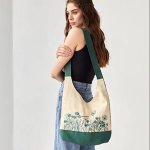 Slouchy cross body bag, Green hobo bag, Embroidered tote bag for women, Large work bag, Birthday gift for sister, Botanical embroidery