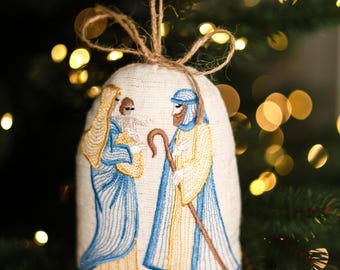 Holy family ornament, Christmas ornament, Embroidered fabric ornament, Nativity Scene gift featuring Mary, Joseph, and the newborn Jesus