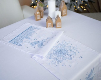 Angel table runner, Christmas table runner embroidered, White and blue table runner with Christmas embroidery, Winter table runner