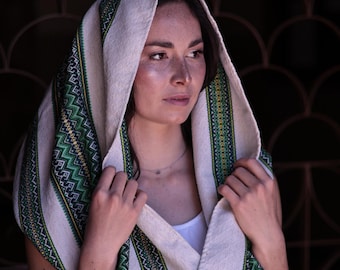 Traditional hooded veil, Orthodox head covering, Liturgical scarf, Hooded cotton prayer veil with woven green trim, Christian church veil