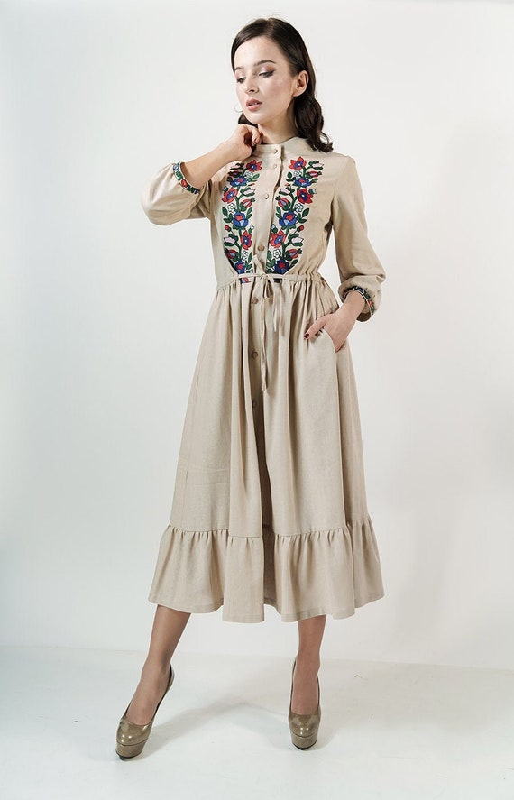Embroidered linen dress,Wedding guest dress,Organic dress,Kaftan,3/4 sleeves,Summer Maxi dress, Midi bohemian robe,Flax dress,Linen Caftan
