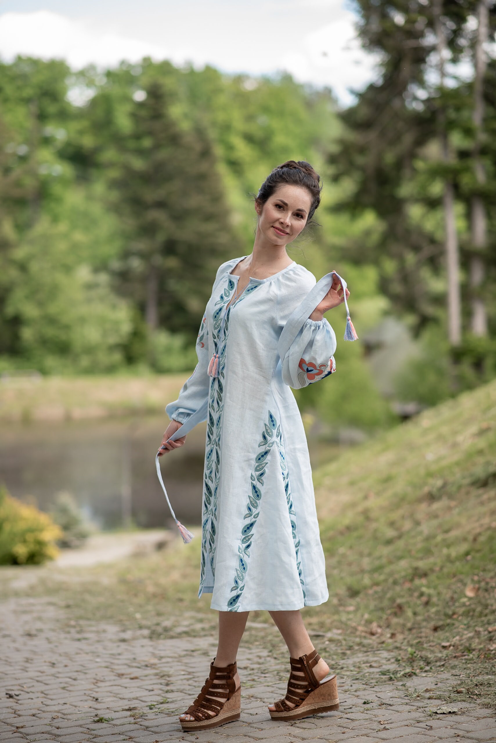 womens embroidered dresses Embroidered loose linen dress, Floral Embroidered dresses for women, Ukrainian vyshyvanka dress, Blue boho dress, Midi linen dress with belt