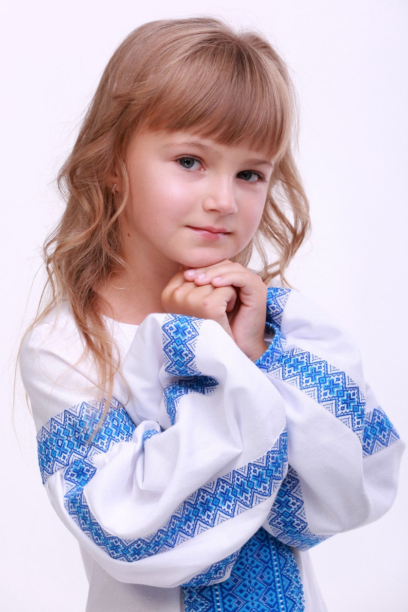 Slavic Costume, Kids Vyshyvanka Dress, White Girl's Dress With Blue ...