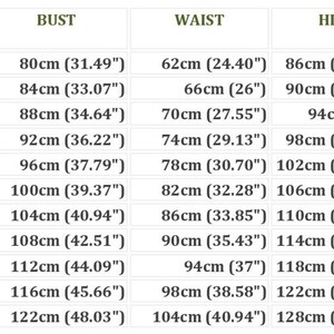 May include: Size chart for clothing with international standard sizes, US sizes, bust, waist, hip, back width, and Russian sizes. The chart shows measurements in inches and centimeters.