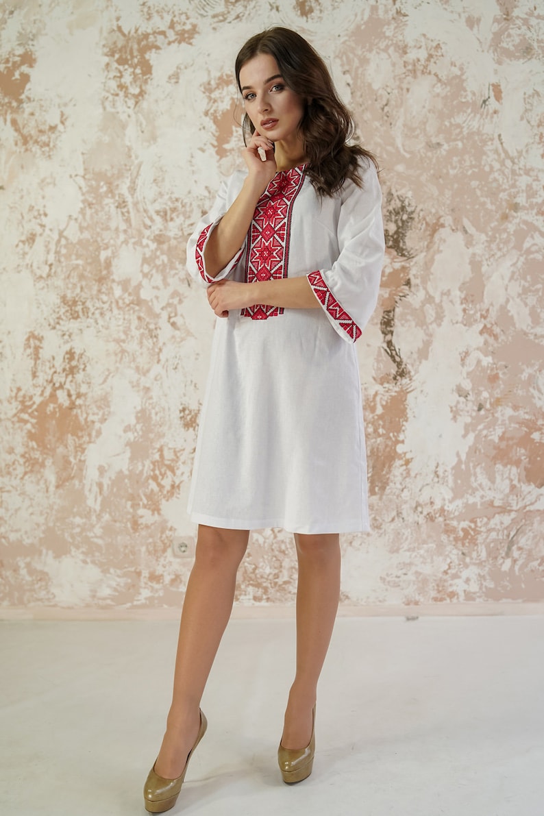 Hemp dress,White Linen Embroidered Dress,Ukrainian Slavic Dress,Romanian dress,Folk dress,Ethnic dress,Vyshyvanka,Plus size clothing image 3