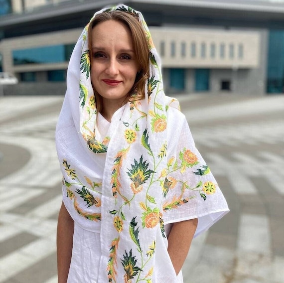 Linen bohemian shawl, Embroidered floral scarf for women, Prayer shawl, Wedding wrap shawl, Festival shawl for bride, Christmas gift