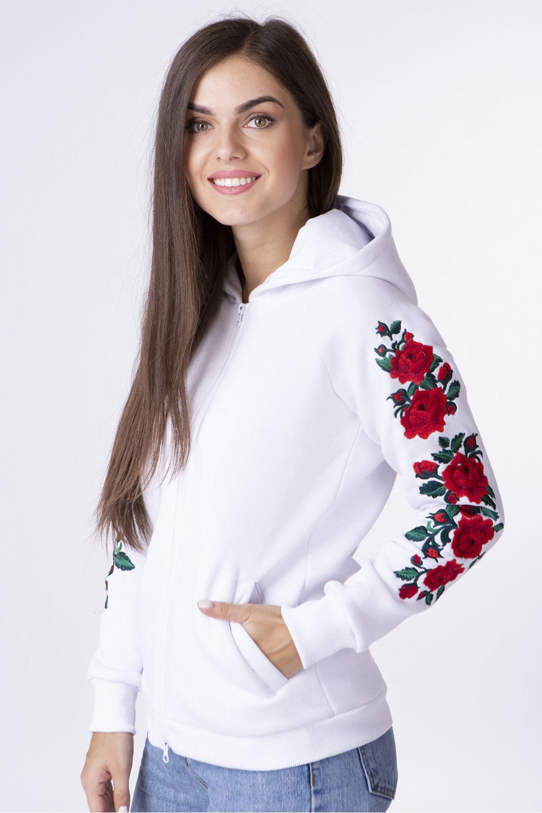 embroidered zip hoodie