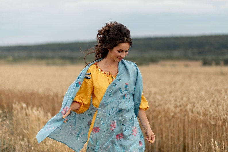 Blue embroidered linen shawl for women, Large scarf with flowers, Embroidered linen scarf, Oversized scarf, Summer scarf, Gift for mother image 2