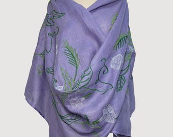 Embroidered linen head scarf for women, Linen embroidered shawl, Lavender linen botanical wrap with floral embroidery, Women’s linen shawl