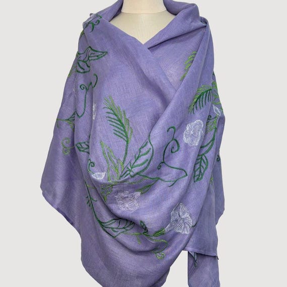 Embroidered linen head scarf for women, Linen embroidered shawl, Lavender linen botanical wrap with floral embroidery, Women’s linen shawl