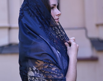 Blue catholic mantilla veil for women, Navy prayer veil, Floral lace chapel head covering for mass & church, Christian gift, Gift for mother