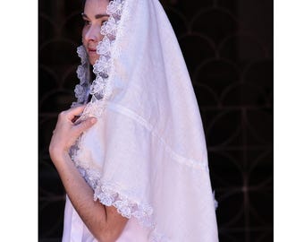 White linen hooded mantilla veil, Embroidered lace chapel head covering for church & prayer, Wedding veil with butterfly trim lace