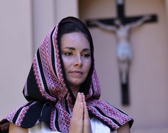 Black hooded church veil for mass, Christian chapel veil, Religious head covering, Black red folk scarf, Modest prayer veil