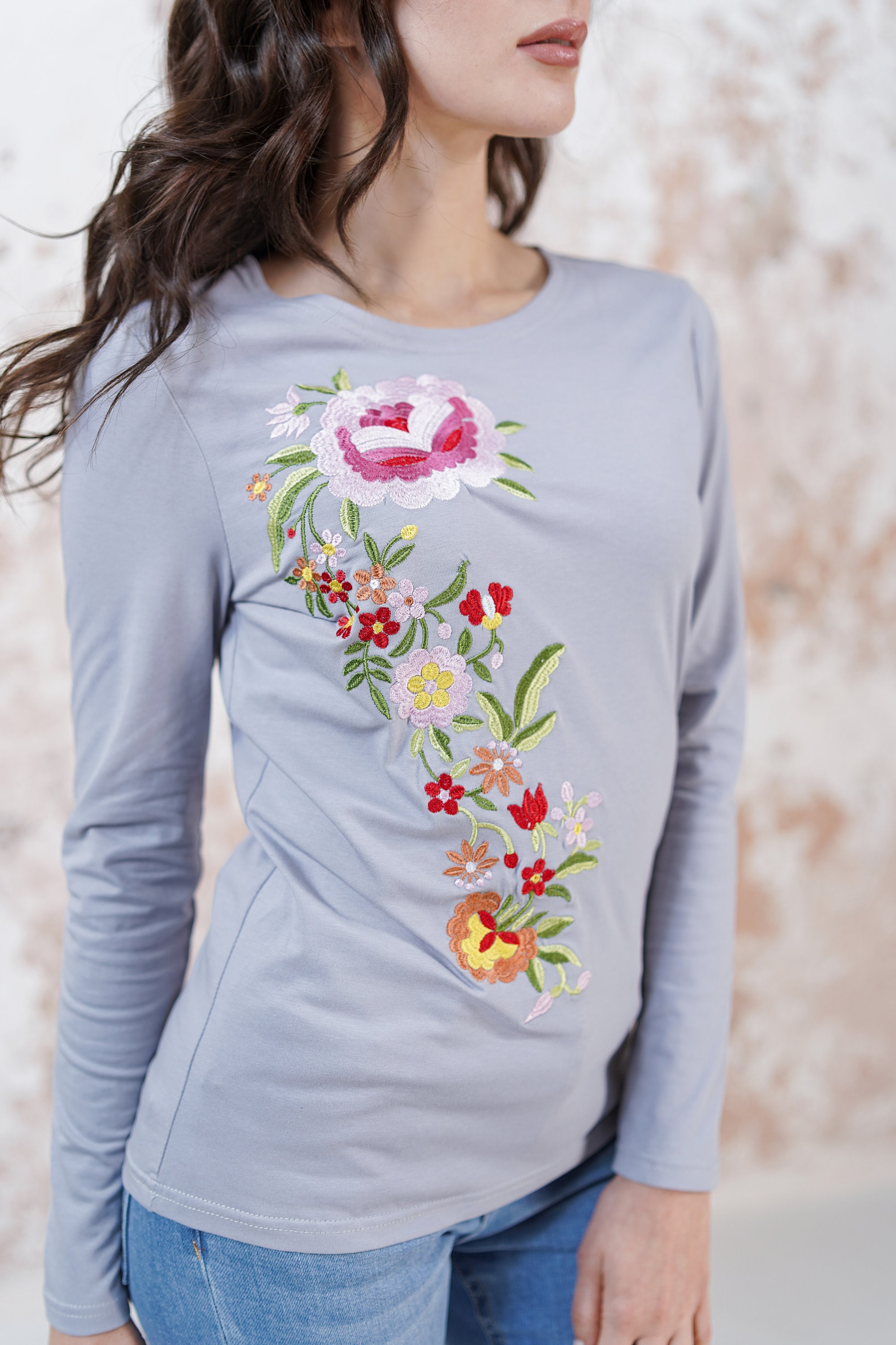 Embroidered Flower Long Sleeve Shirt - Ready to Wear