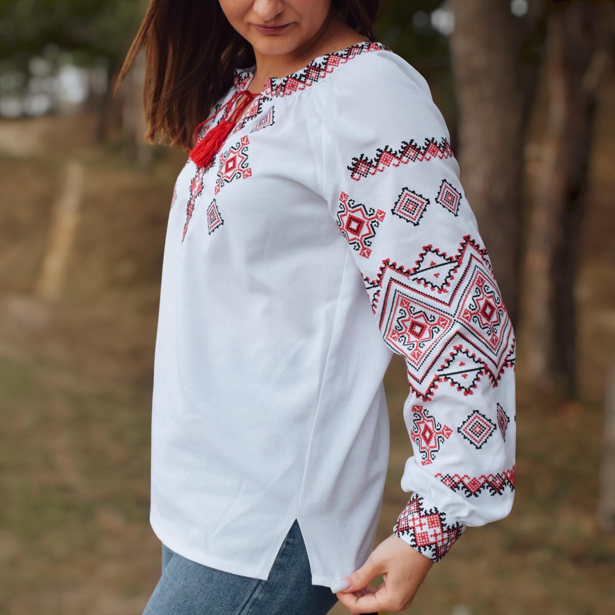【y.】deres original embroidery blouse White Ukranian Embroidered Blouse, Red & Black Folk Embroidery