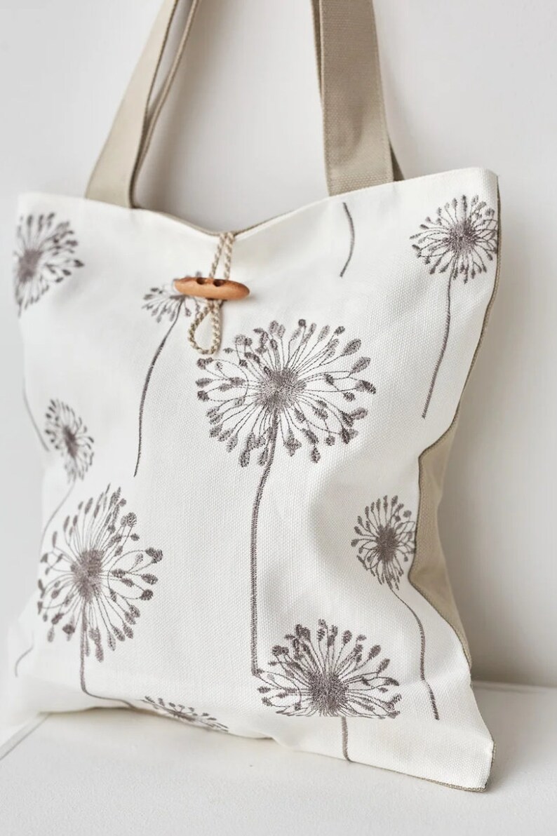 Dandelion bag, Large boho bag, Zippered tote bag, Embroidered totes, Linen shoulder bag, Eco friendly bag, Wildflower tote bag, Gift for mom image 3