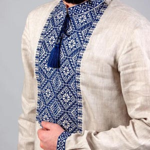 Gray linen shirt for men vyshyvanka with blue cross stitched geometric ornament, 100% linen slavic shirt with ukrainian embroidery