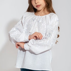 Girl peasant vyshyvanka blouse, Ukrainian linen shirt for kids, Embroidered blouse for girls, Festive top with long sleeves, Birthday gift White embroidery