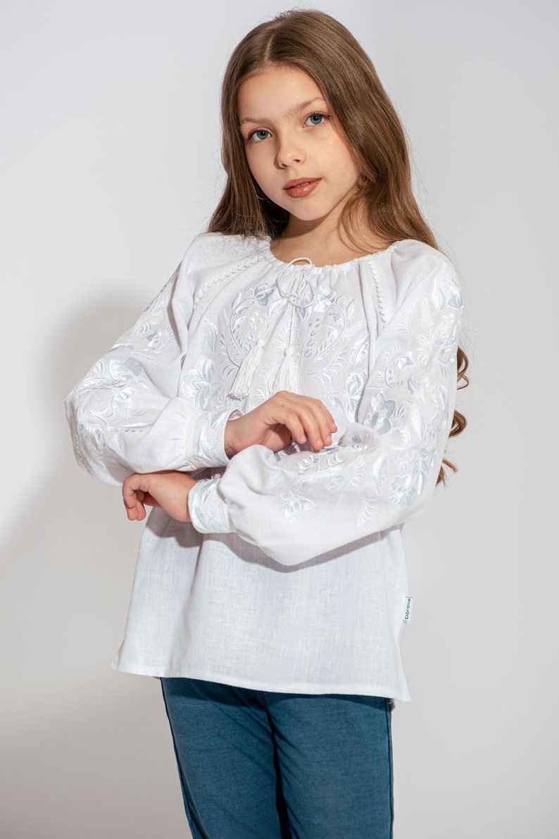 Girl peasant vyshyvanka blouse, Ukrainian linen shirt for kids, Embroidered blouse for girls, Festive top with long sleeves, Birthday gift White embroidery