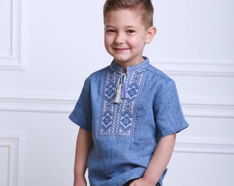 Blue linen vyshyvanka for boy, Traditional linen embroidered t-shirt with short sleeves, Ukrainian shirt for toddler, Baby ukrainian shirt