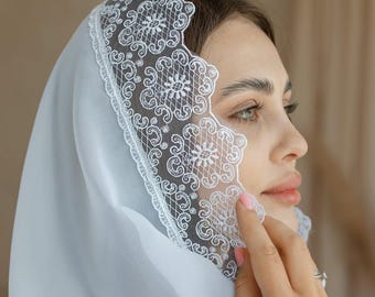 Church mantilla, Simple mantilla veil, Church veil spanish mantilla with lace, Ivory cathedral veil, Christmas gift, Catholic gift for her