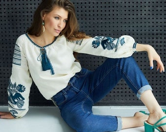 Ukrainian blouse linen Vyshyvanka, Long sleeve embroidered top with birds pattern on sleeves, Traditional slavic linen clothing for women