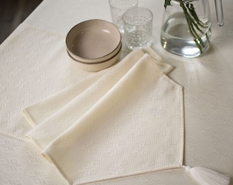 Snowflakes winter table runner with tassel, Cotton Christmas table runner, Ivory Christmas table runner, Holiday decoration for dining table