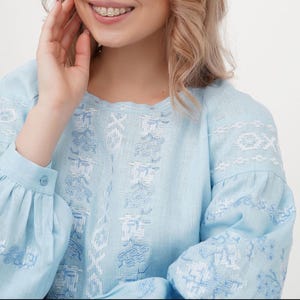 Blue linen embroidered Ukrainian blouse, Linen peasant blouse with Ukrainian embroidery, Vyshyvanka modern blouse for lady, Gift for her