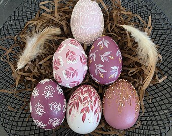 Pink wooden Easter eggs, Set of 6 ukrainian folk Easter eggs, Handmade decorated eggs, Traditional Easter folk art, Spring Easter decoration