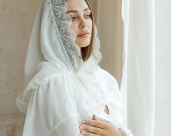 Hooded chapel veil, Catholic church veil, Ivory chapel veil, Catholic head covering for women, Ivory wedding veil, Modest chapel veil