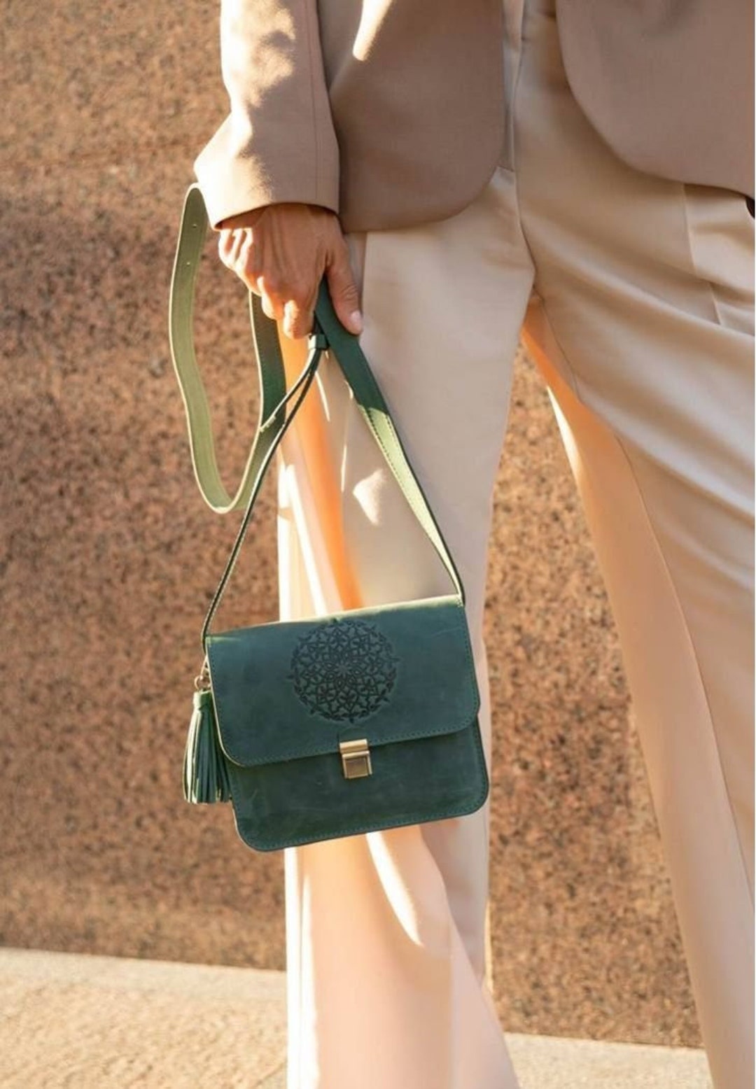 Mandala Embossed Leather Shoulder Bag