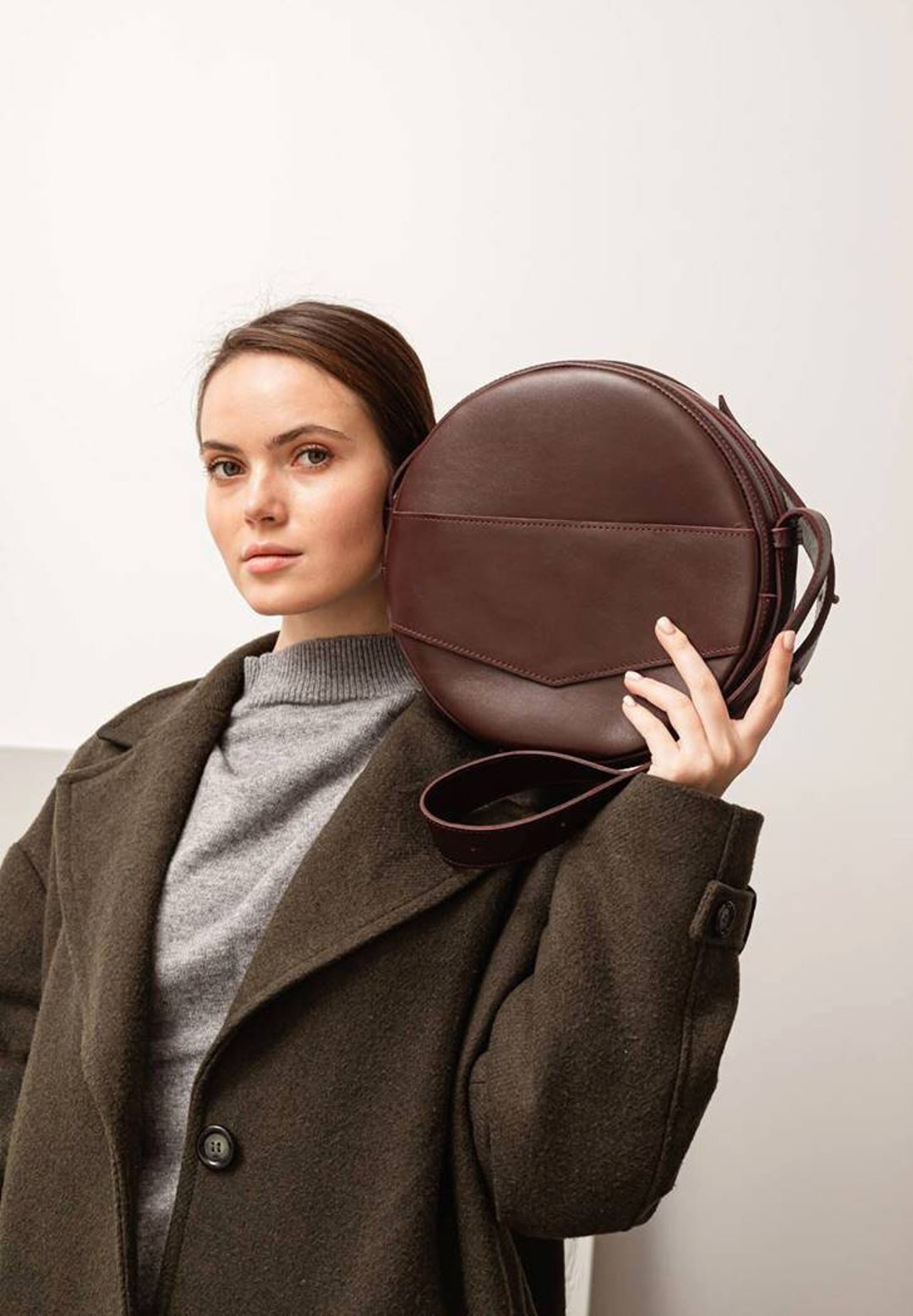 Leather Clutch With Handle, Round Bag, Leather Crossbody Bag With Strap