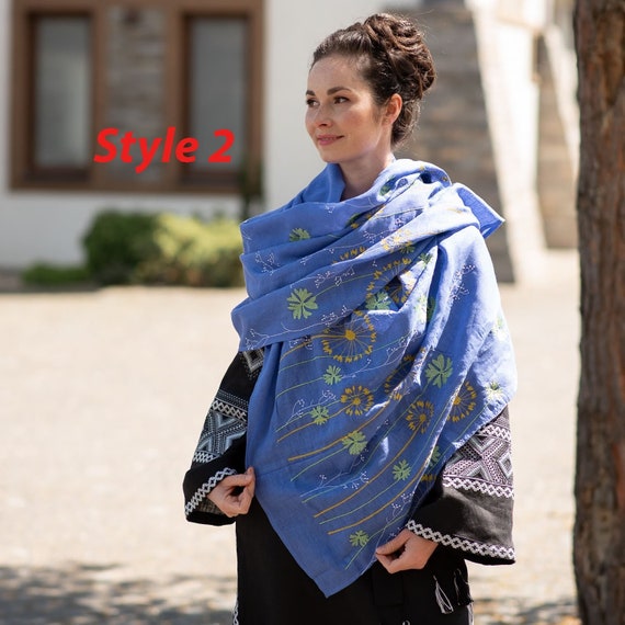Linen scarves for women Blue embroidered shawl Floral scarf for women Gift for wife Summer linen scarf with flowers embroidery Etsy France