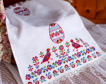 Orthodox Easter napkin with cross stitch Easter eggs and birds embroidery, Easter basket cover, Decorated easter cloth for church, Pascha
