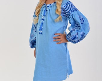 Robe en lin bleu ciel pour fille, robe brodée pour les enfants, robe d'anniversaire, robe de fille enfant en bas âge pour l'été, robe en lin bleu, robe de broderie