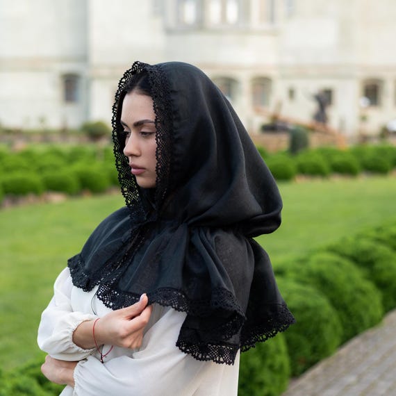 Black Linen Mantilla, Orthodox Head Covering With Lace Trim, Black
