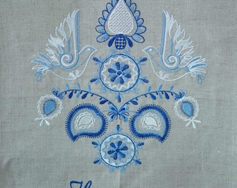 Embroidered ukrainian wedding towel rushnyk with blue birds and floral ornament, Linen ceremony towel for slavic wedding, Ritual decor