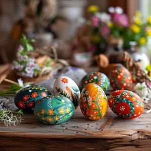 Könnte beinhalten: Eine Sammlung handbemalter Ostereier mit floralen Mustern. Die Eier, etwa 6 cm hoch, zeigen detaillierte Designs in Farben wie Orange, Grün und Weiß. Sie sind auf einer Holzoberfläche angeordnet, was eine festliche Atmosphäre schafft.