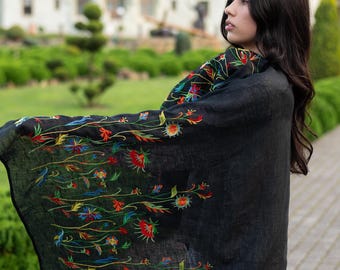 Black linen scarf with floral embroidery, Women's linen scarves, Lightweight linen shawl, Ukrainian boho wrap, Embroidered scarves for women
