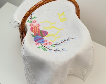 Ukraine Easter towel for basket, Easter decor, Easter linen cover with ukrainian church & pysanka egg embroidery, Easter table decorations