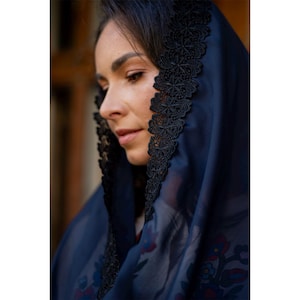 Catholic church veil, Blue catholic infinity veil with black lace, Chapel veil for mass, Church veil for mass, Religious headcovering