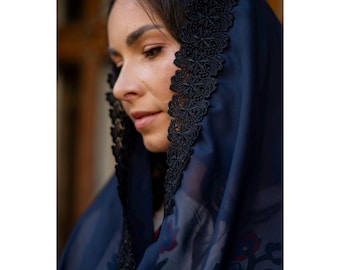 Catholic church veil, Blue catholic infinity veil with black lace, Chapel veil for mass, Church veil for mass, Religious headcovering