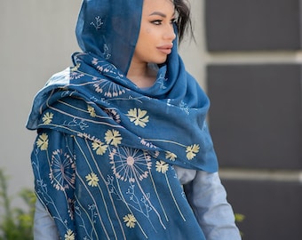 Blue embroidered scarf with dandelion embroidery, Blue linen shawl, Flowers embroidery scarf, Embroidered linen wrap for women, Gift for her